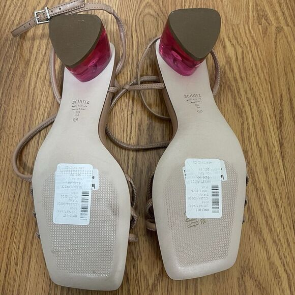 NWT SCHUTZ honey beige Taryn leather strappy pink block strappy heels size 9 - Picture 6 of 7